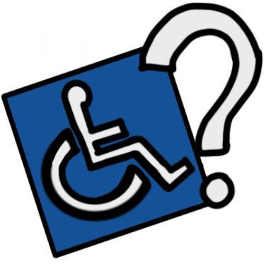 the international symbol for disability, which is a white glyph of a wheelchair user on a blue square, next to a question mark.